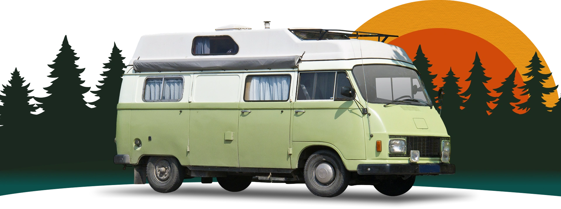 Vintage camper van with sunset background